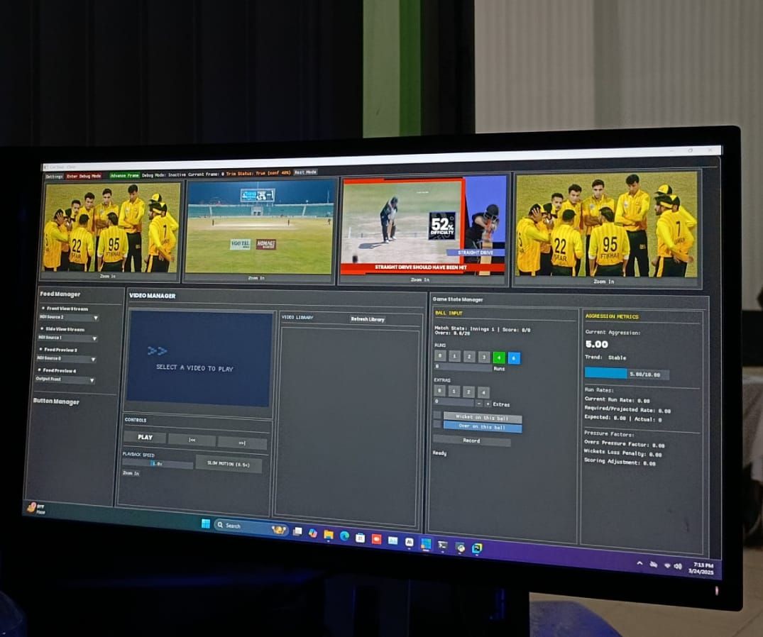 CritShot review tool on a monitor: feed manager, video manager, game state and aggression metrics panels