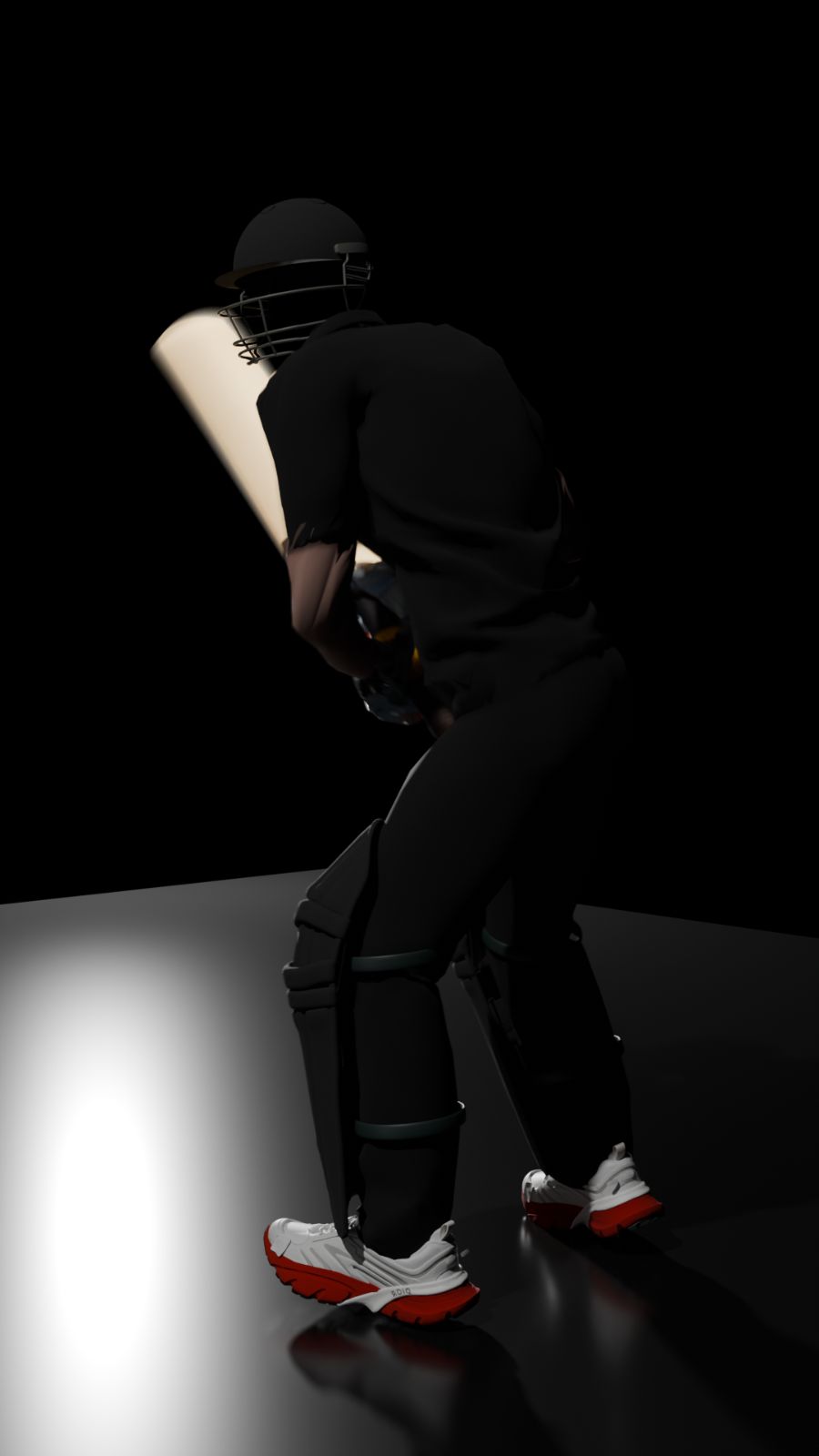 Rendered 3D batter in Chrio kit, mid-stroke, produced by CritShot
