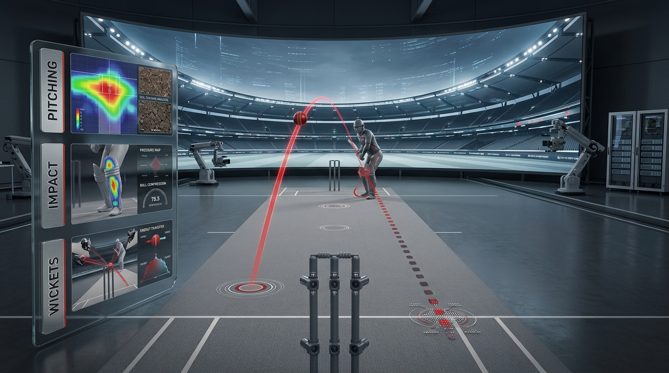 CritDRS concept render: ball trajectory with pitching, impact and wickets panels