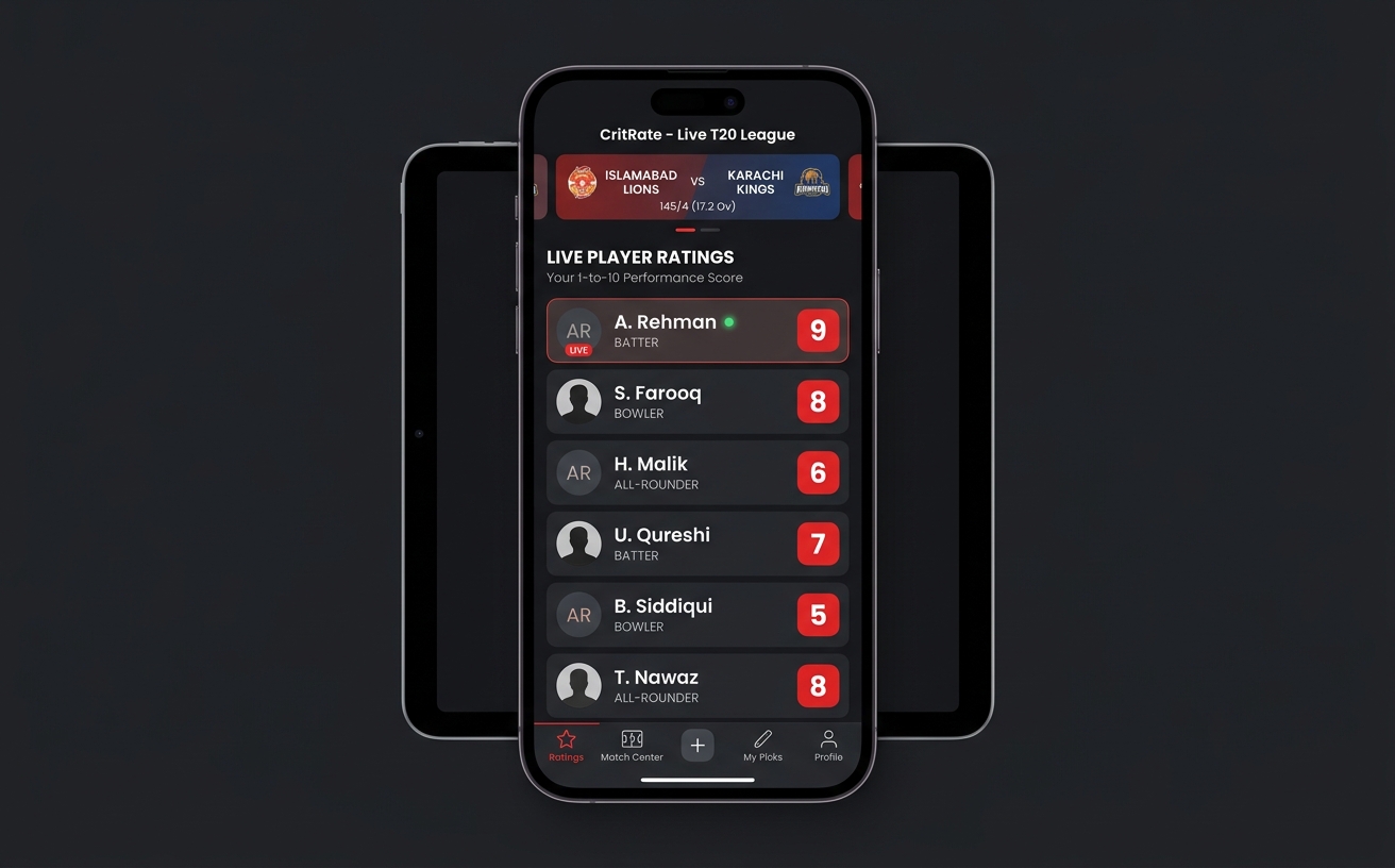CritRate app concept: live 1 to 10 player ratings for a fictional T20 match