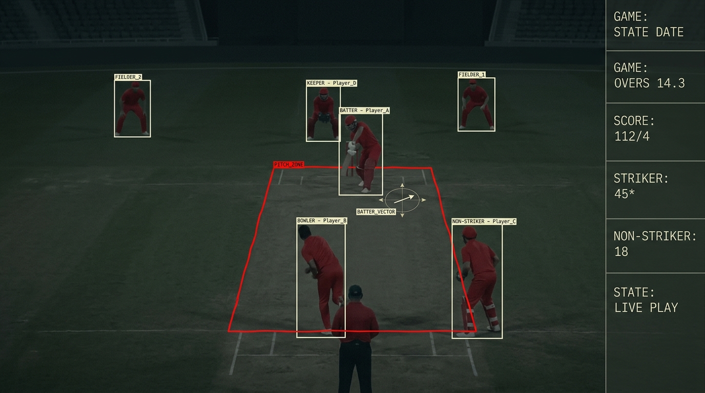 Detection mode: labelled bounding boxes on players, a red pitch zone, a batter movement vector and a game state panel