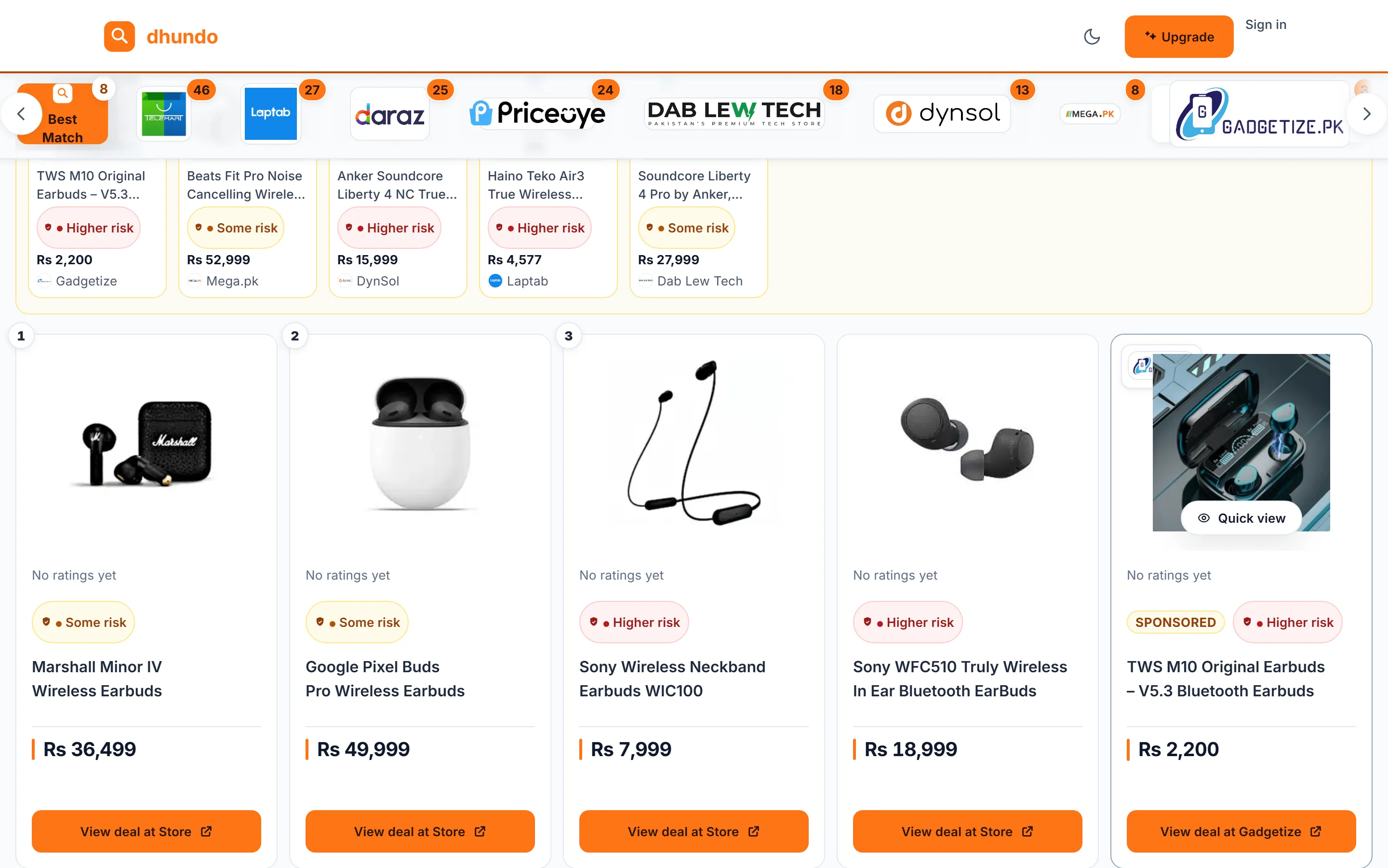 A Dhundo results view: one rail of earbuds priced by store — Gadgetize at Rs 2,200, Laptab at Rs 4,577, DynSol at Rs 15,999, Dab Lew Tech at Rs 27,999 and Mega.pk at Rs 52,999 — above a numbered ranking whose buttons name the store they link out to