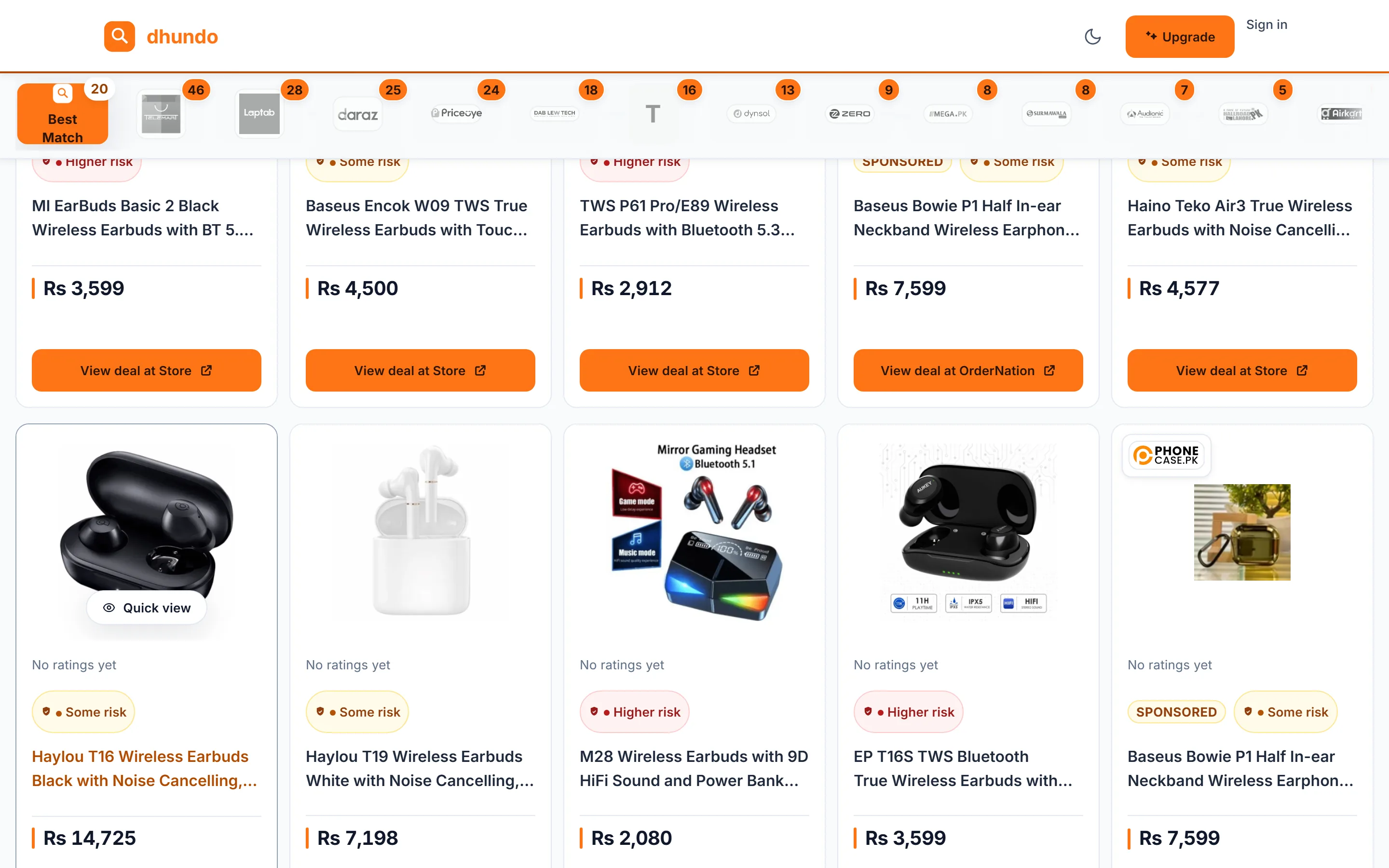 A live dhundo.store search for wireless earbuds: a store filter rail showing Telemart 46 results, Laptab 28, Daraz 25, PriceOye 24 and more, above a grid of real products with prices and Sponsored labels