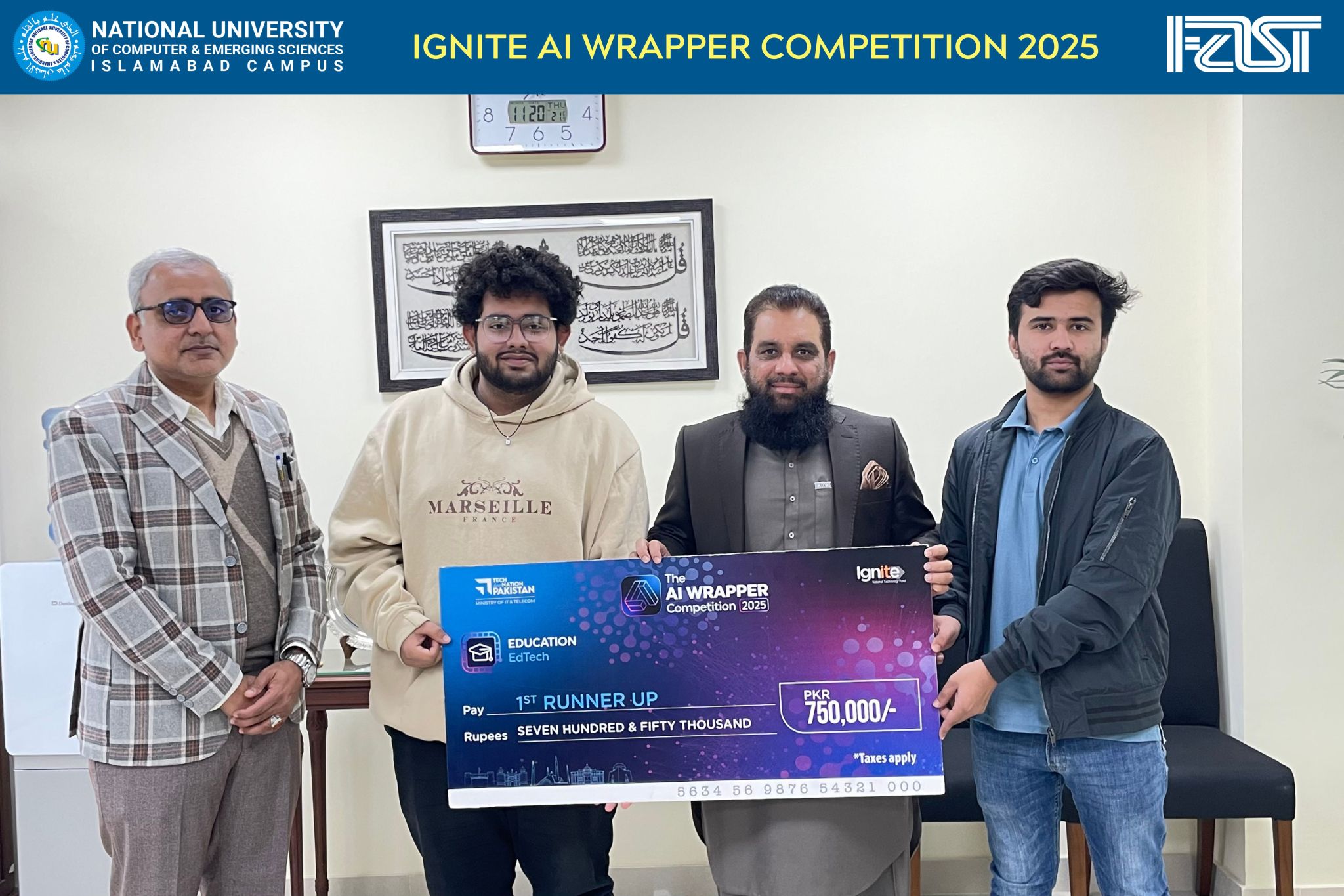Ignite AI Wrapper Competition 2025 at FAST NUCES Islamabad: Abdullah and Saffi receiving the 1st Runner Up cheque