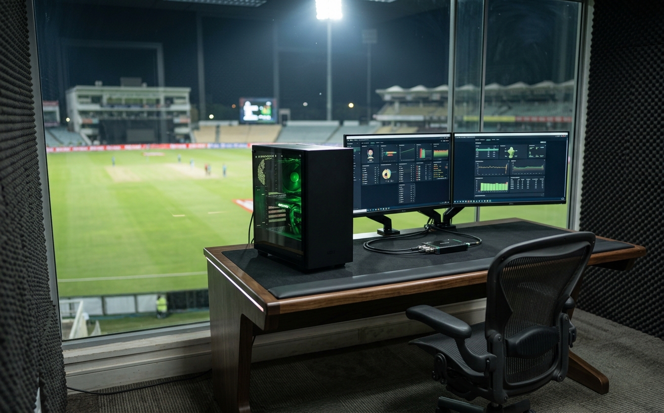 One workstation and two monitors on a folding table in a stadium broadcast box, floodlit outfield beyond the glass